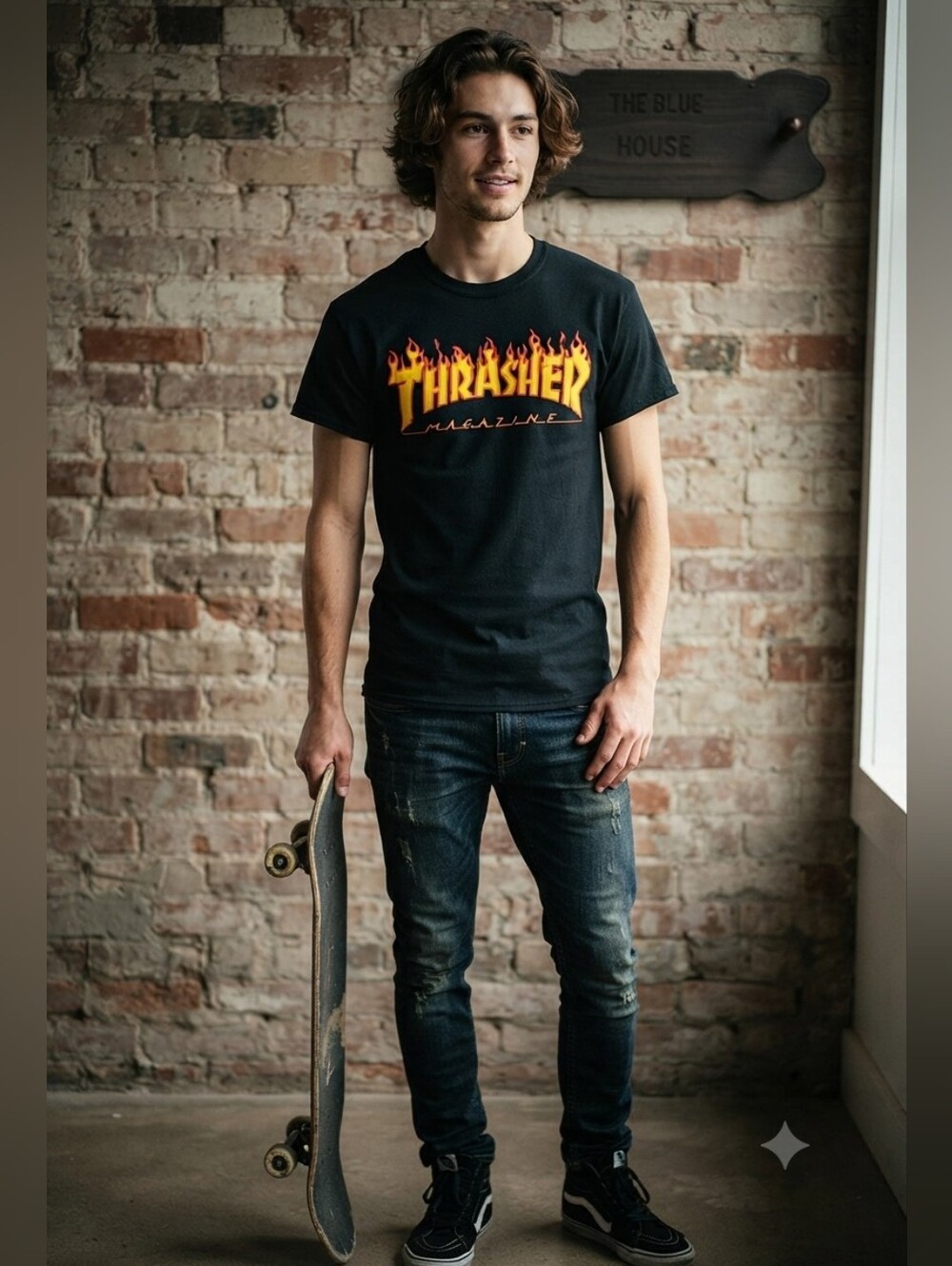 Vintage Y2K Thrasher Magazine Flames black and orange cotton T-shirt Size Small
